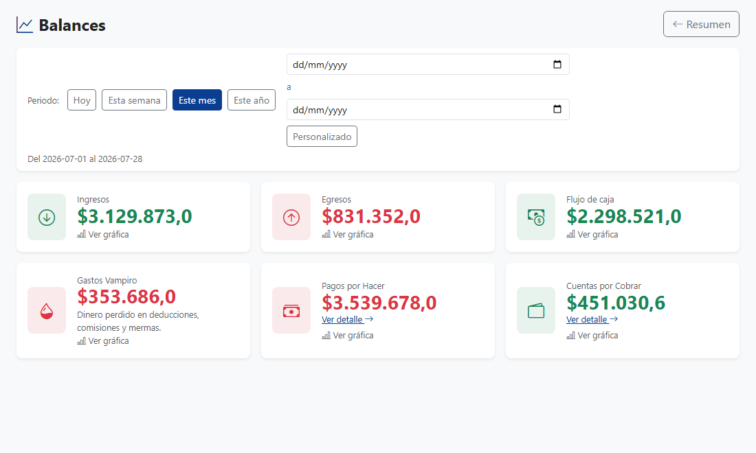 Detalle ampliado del panel de balances, con ingresos, egresos y flujo de caja del mes